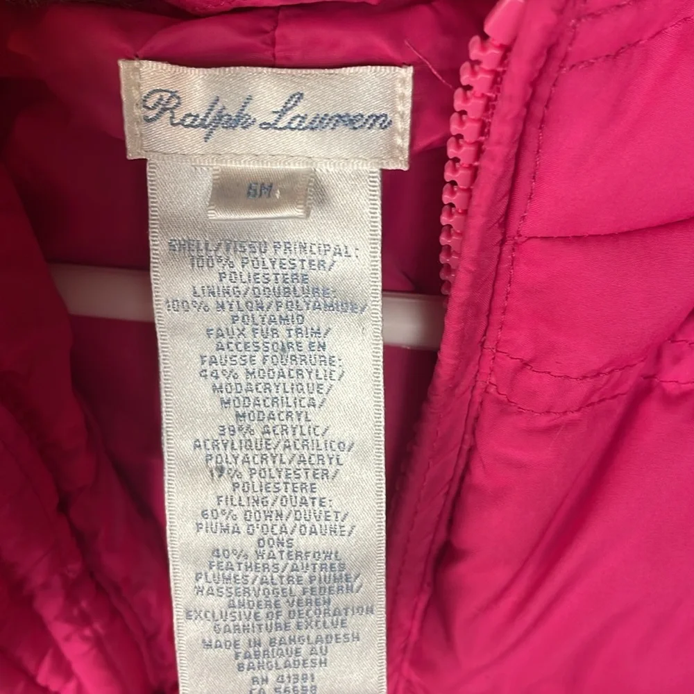 Ralph Lauren faux fur lined hood pink 6m down feather baby bunting